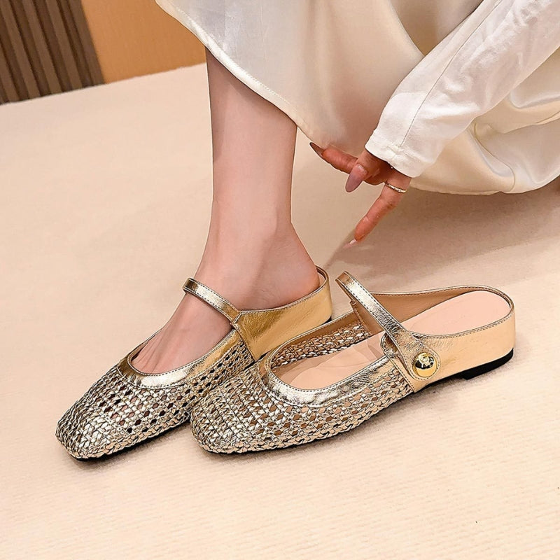 Mira | Women's Woven Mule Flats Mary Jane Strap Slip-On Shoes