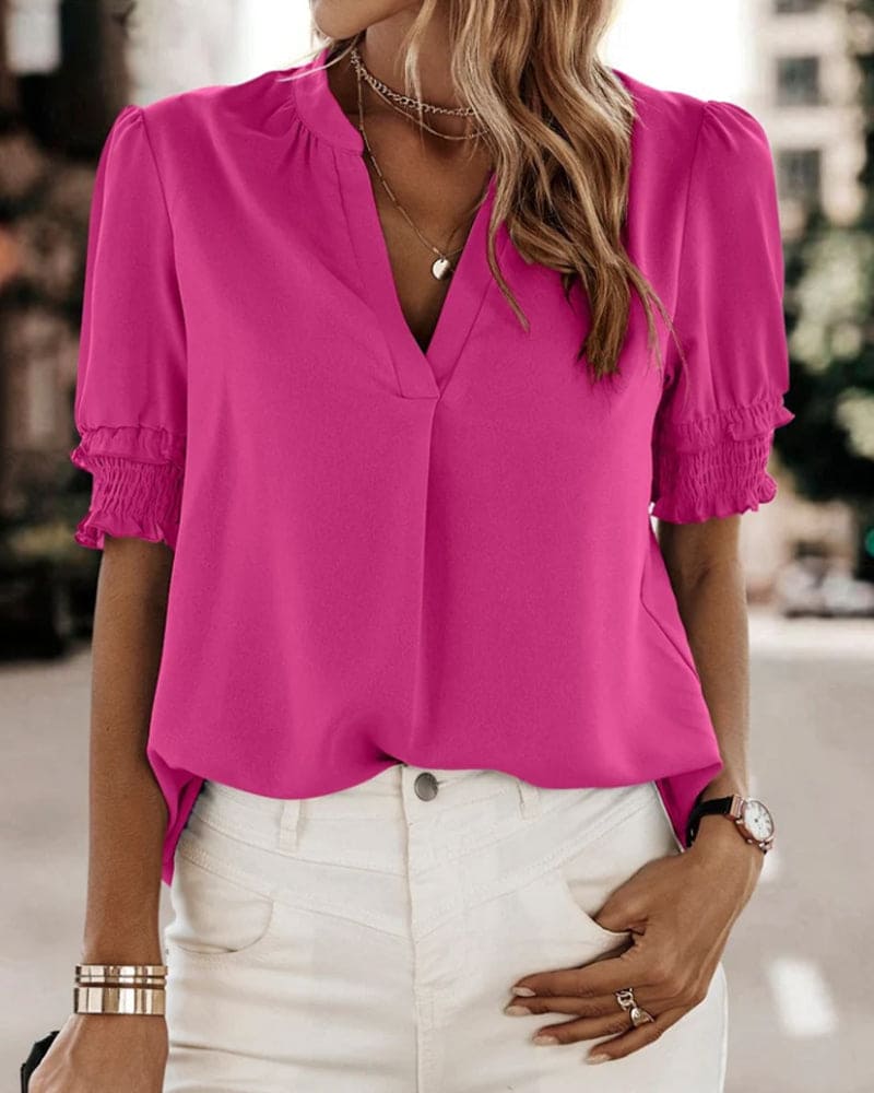 Lily | Women's V-Neck Puff Sleeve Chiffon Blouse Short Sleeve