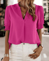 Lily | Women's V-Neck Puff Sleeve Chiffon Blouse Short Sleeve