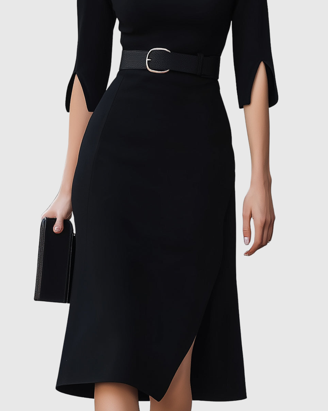 Harper | Women's Belted High Neck Midi Dress Split Sleeve