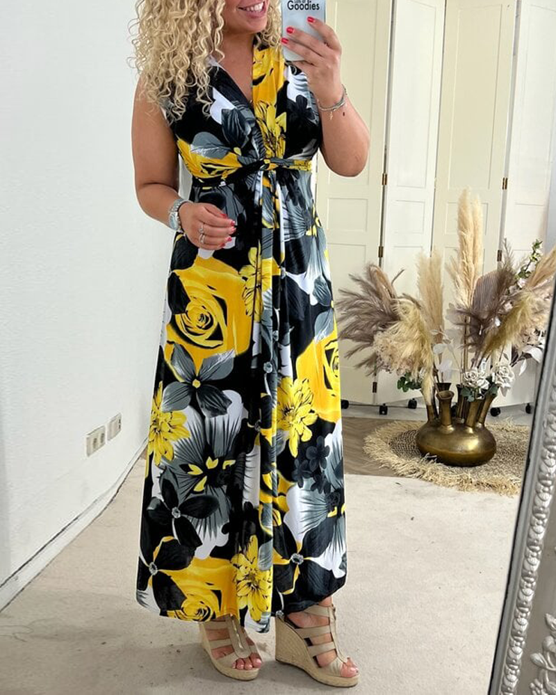 Sacha | Women's Floral Print Sleeveless Maxi Dress V-Neck Pleated Summer Dress