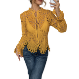 Flora | Women's Crochet Hollow Lace Long Sleeve Blouse Scallop Hem
