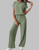 Nora | Women's Ribbed Short Sleeve Top and Wide Leg Pants Set