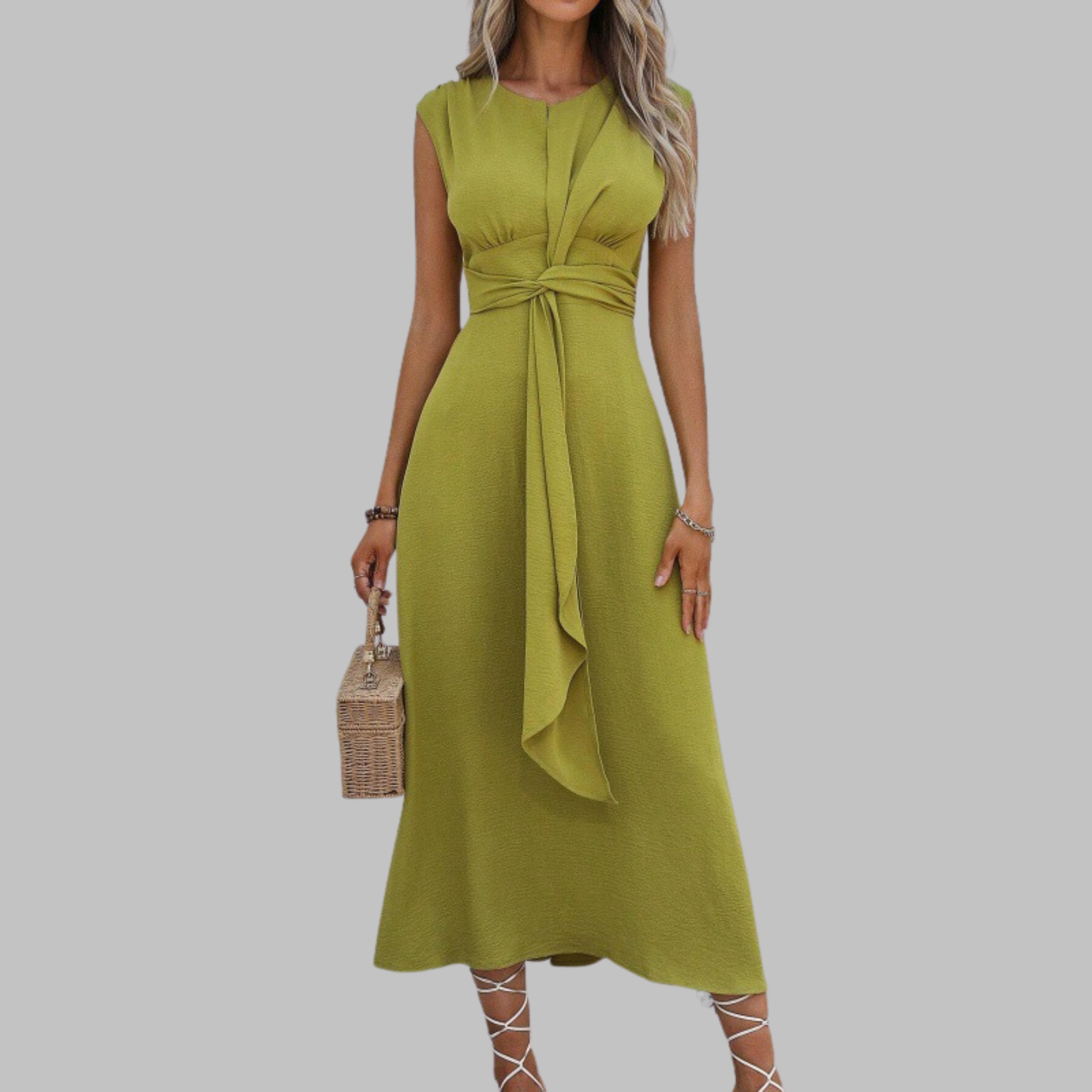 Grace | Women's Sleeveless Tie Waist Ruffle Front Maxi Dress