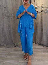 Cleo | Women's Two-Piece Set Wide Leg Pants V-Neck Top