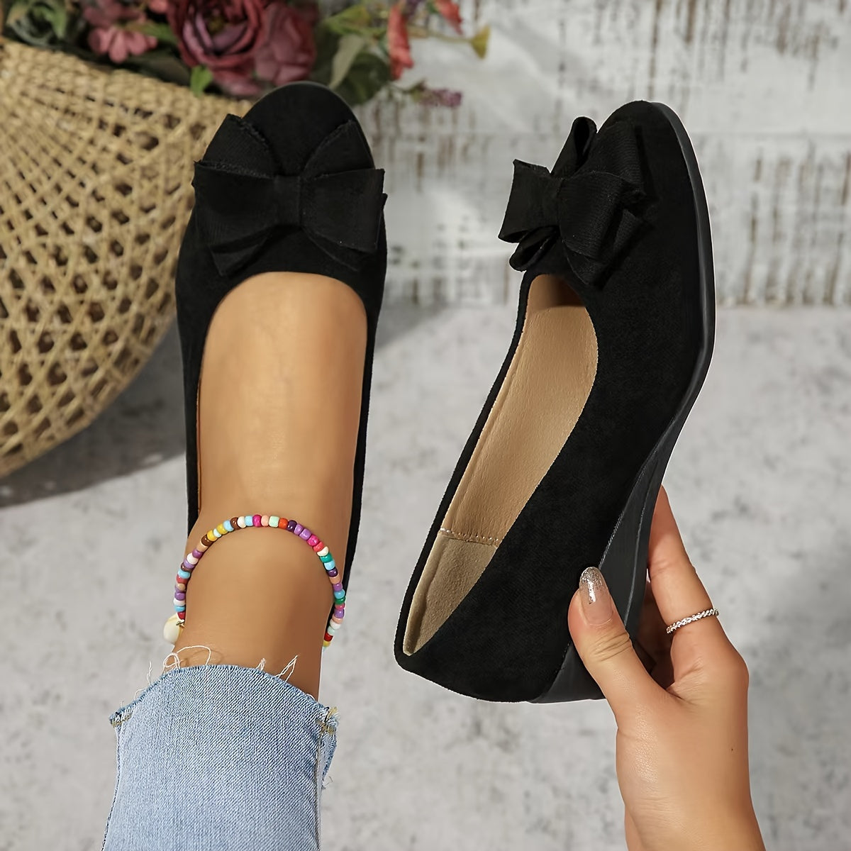 Maisie | Women's Wedge Ballet Flats Bow Detail Suede Slip On Shoes
