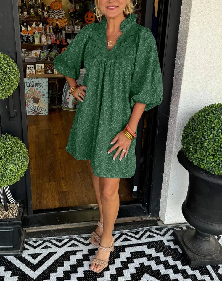 Tesia | Women's Jacquard Mini Dress V-Neck Puff Sleeve Occasion Dress