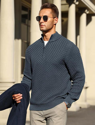 Men’s Basket-Textured Quarter-Zip Sweater in Blue