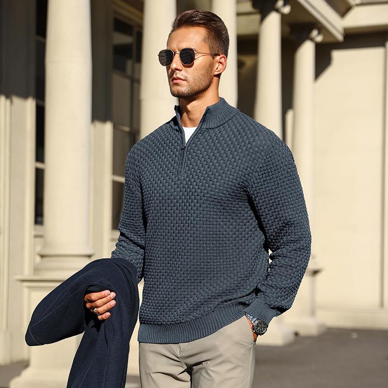 Men’s Basket-Textured Quarter-Zip Sweater in Blue