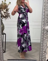 Sacha | Women's Floral Print Sleeveless Maxi Dress V-Neck Pleated Summer Dress