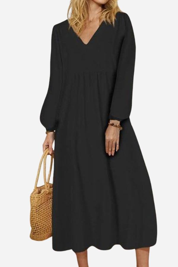 Hazel | Women's V-Neck Long Sleeve Midi Dress Loose Fit