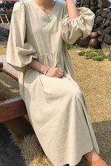 Hazel | Women's V-Neck Long Sleeve Midi Dress Loose Fit