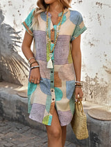 Lucille | Women's Geometric Print Midi Dress Short Sleeve Button-Front Casual Dress