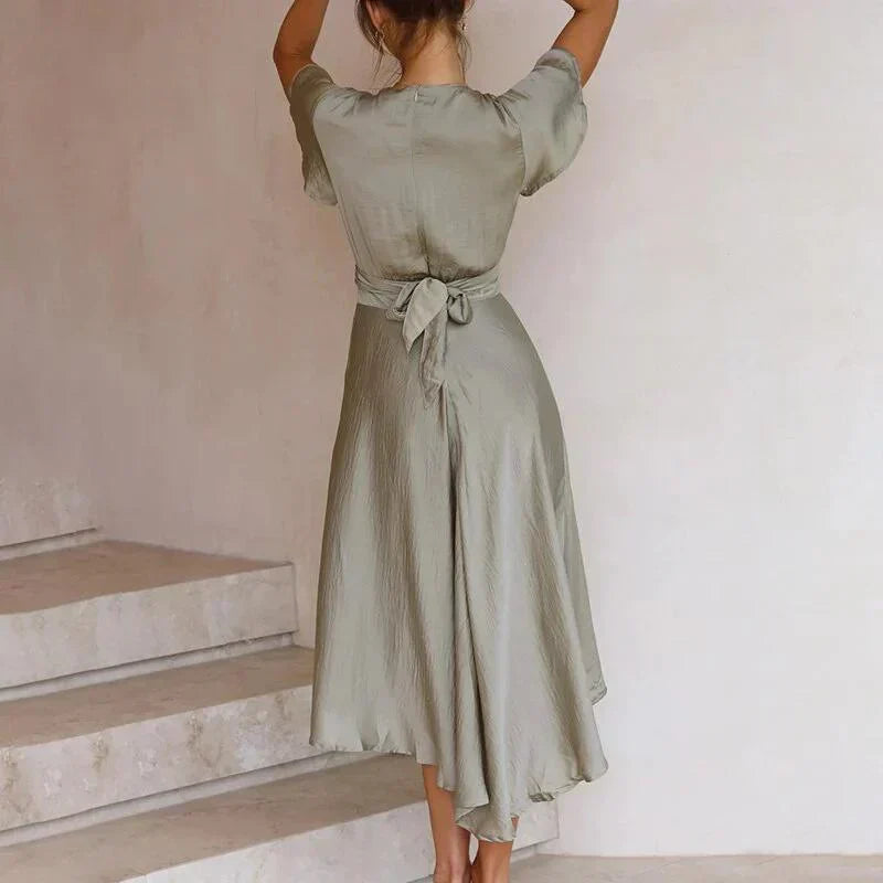 Sienna | Women's Satin Wrap Midi Dress with Flutter Sleeves