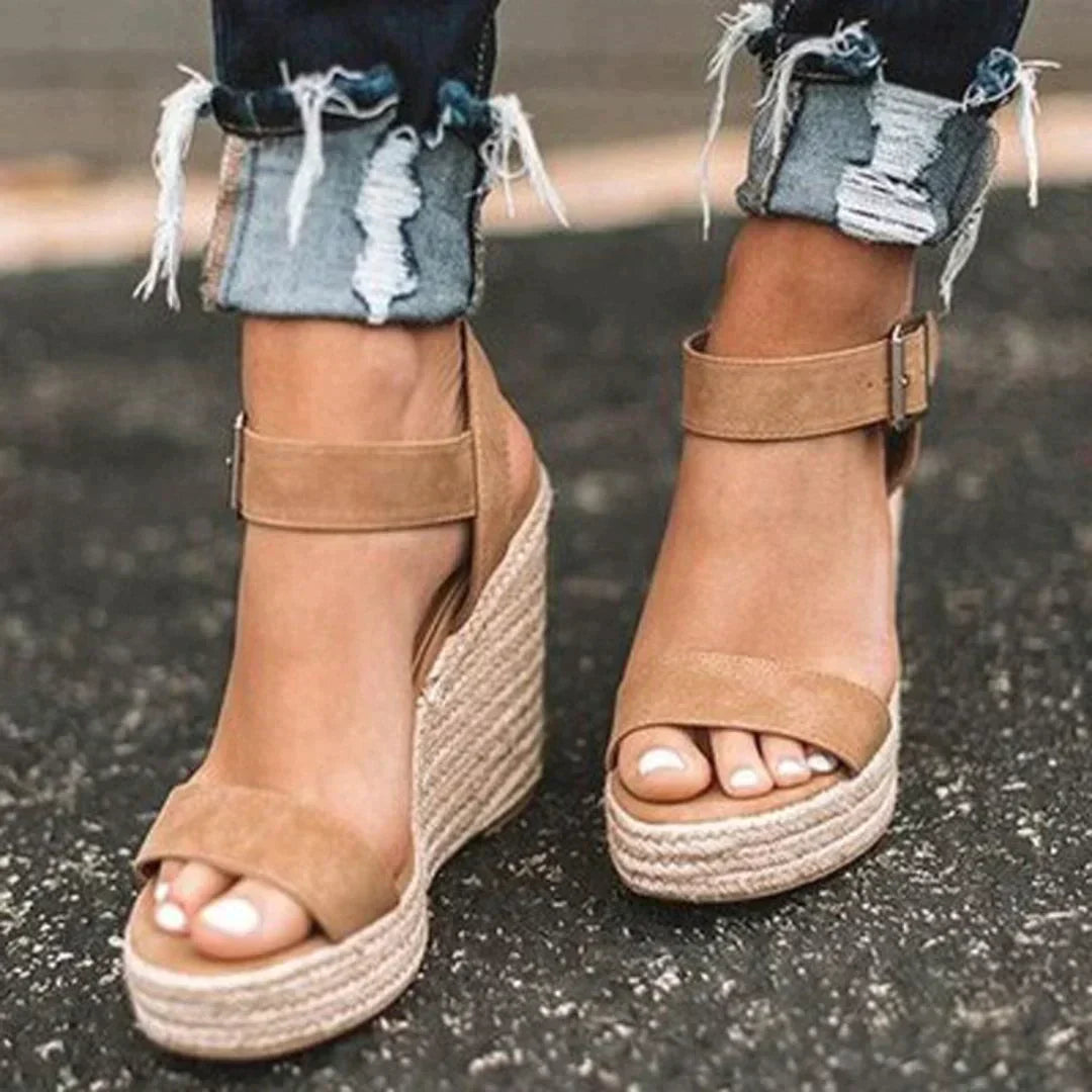 Joyce | Women's Wedge Sandals - Open Toe - Ankle Strap with Buckle - Espadrille Heel