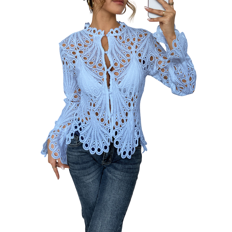Flora | Women's Crochet Hollow Lace Long Sleeve Blouse Scallop Hem