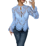 Flora | Women's Crochet Hollow Lace Long Sleeve Blouse Scallop Hem