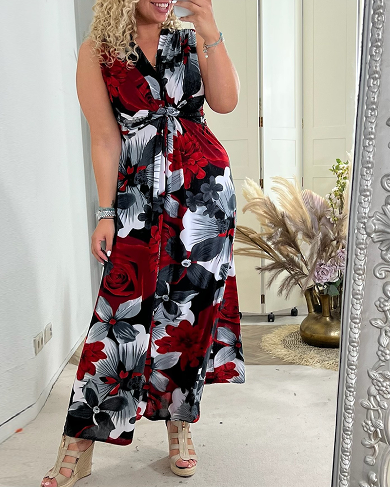 Sacha | Women's Floral Print Sleeveless Maxi Dress V-Neck Pleated Summer Dress