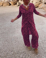 Livia | Women's Printed Two-Piece Set V-Neck Blouse & Wide-Leg Trousers