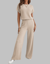 Nora | Women's Ribbed Short Sleeve Top and Wide Leg Pants Set