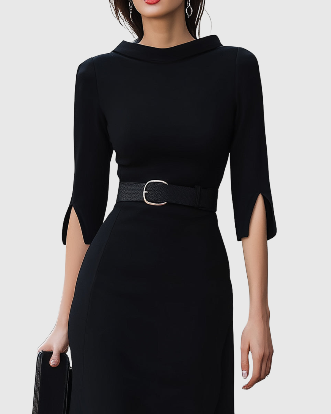 Harper | Women's Belted High Neck Midi Dress Split Sleeve