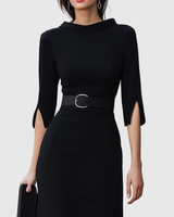 Harper | Women's Belted High Neck Midi Dress Split Sleeve