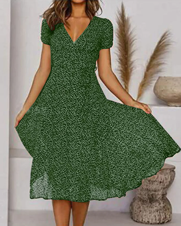 Aurora | Women's V-Neck Puff Sleeve Fit and Flare Midi Dress