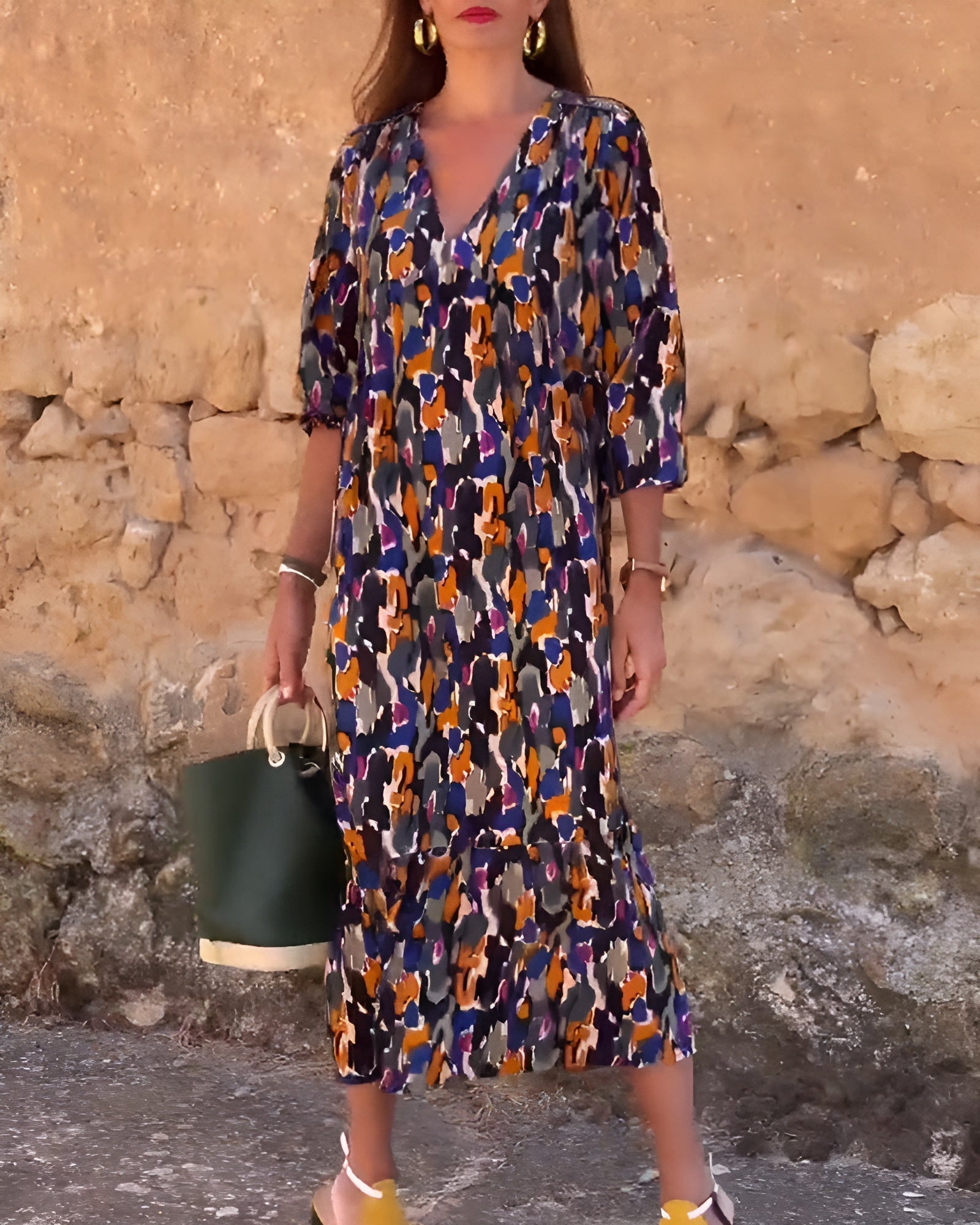 Nathalie™ | Retro Print V-Neck Dress