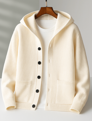 Women’s Hooded Rib-Knit Button Cardigan in Cream