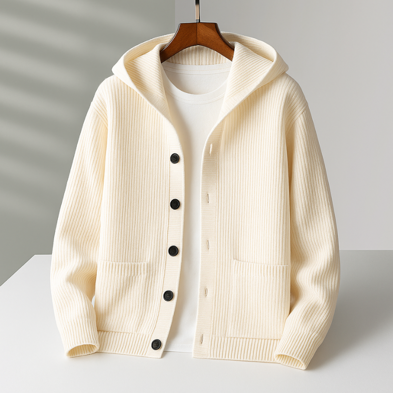 Women’s Hooded Rib-Knit Button Cardigan in Cream