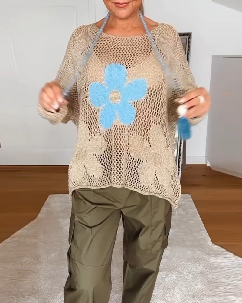 Luna | Women's Oversized Crochet Knit Top with Floral Detail