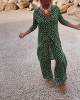 Livia | Women's Printed Two-Piece Set V-Neck Blouse & Wide-Leg Trousers