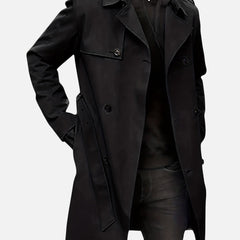Men’s Double-Breasted Back-Belt Trench Coat in Black