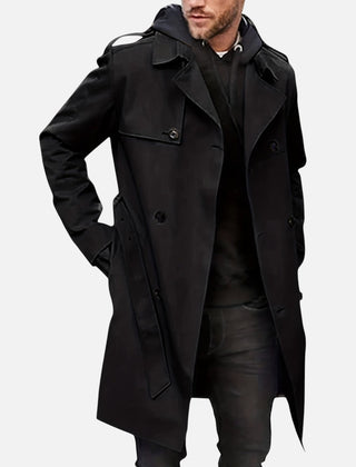 Men’s Double-Breasted Back-Belt Trench Coat in Black