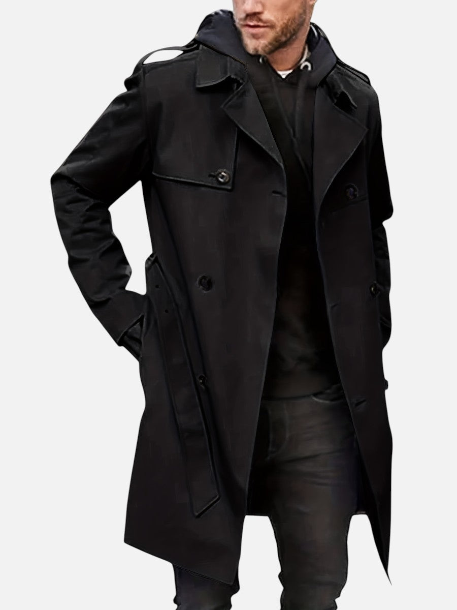 Men’s Double-Breasted Back-Belt Trench Coat in Black