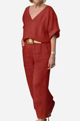 Lena | Women's V-Neck Two-Piece Set Short Sleeve Top Straight Pants
