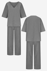 Lena | Women's V-Neck Two-Piece Set Short Sleeve Top Straight Pants