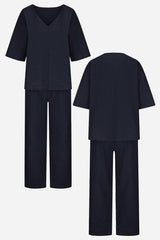 Lena | Women's V-Neck Two-Piece Set Short Sleeve Top Straight Pants