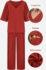 Lena | Women's V-Neck Two-Piece Set Short Sleeve Top Straight Pants