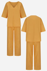 Lena | Women's V-Neck Two-Piece Set Short Sleeve Top Straight Pants
