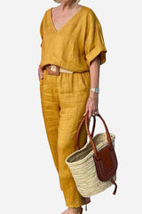 Lena | Women's V-Neck Two-Piece Set Short Sleeve Top Straight Pants