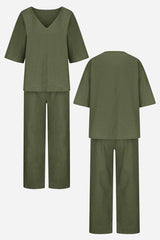 Lena | Women's V-Neck Two-Piece Set Short Sleeve Top Straight Pants