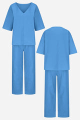 Lena | Women's V-Neck Two-Piece Set Short Sleeve Top Straight Pants