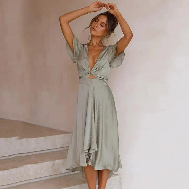 Sienna | Women's Satin Wrap Midi Dress with Flutter Sleeves