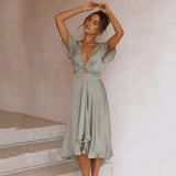 Sienna | Women's Satin Wrap Midi Dress with Flutter Sleeves