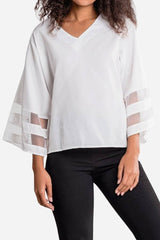 Ivy | Women's Mesh Panel Bell Sleeve Top V-Neck Loose Fit
