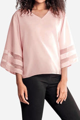 Ivy | Women's Mesh Panel Bell Sleeve Top V-Neck Loose Fit