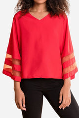 Ivy | Women's Mesh Panel Bell Sleeve Top V-Neck Loose Fit