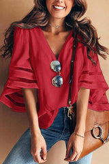 Ivy | Women's Mesh Panel Bell Sleeve Top V-Neck Loose Fit