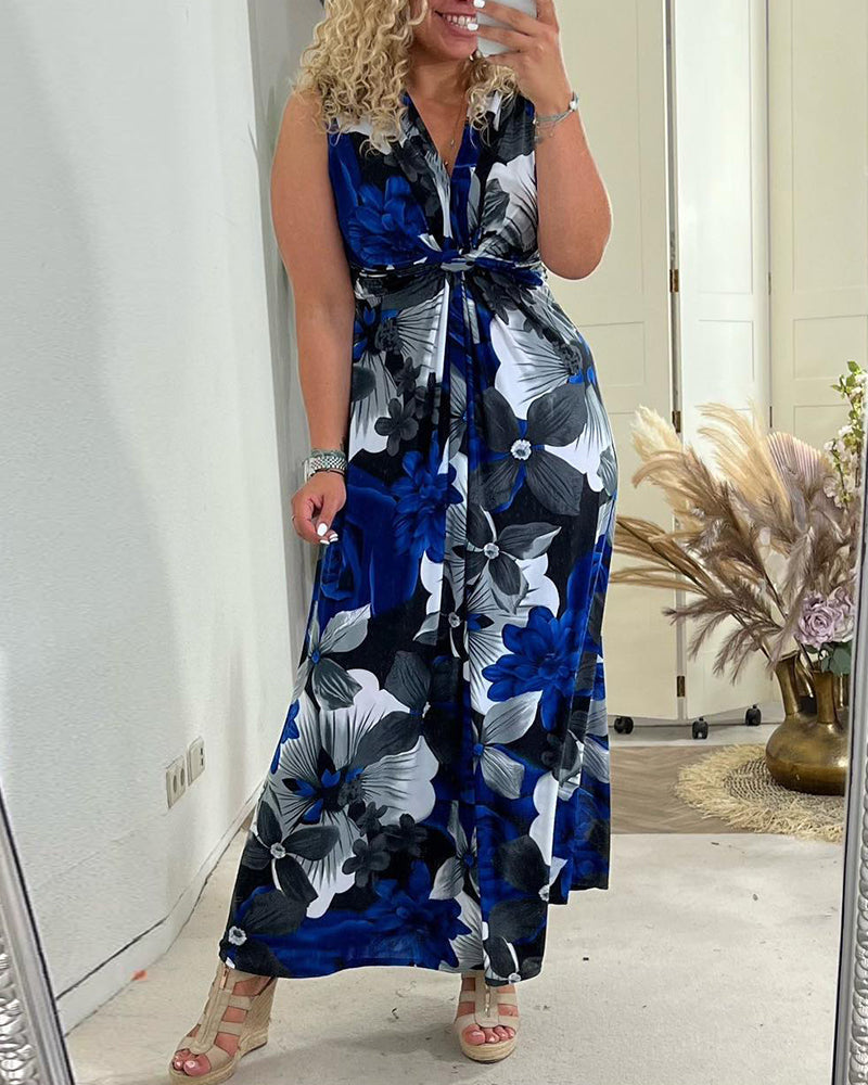 Sacha | Women's Floral Print Sleeveless Maxi Dress V-Neck Pleated Summer Dress